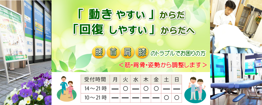 「動きやすい」からだ「回復しやすい」からだへ／筋・背骨・姿勢から調整／富士見台カイロプラクティックセンター
